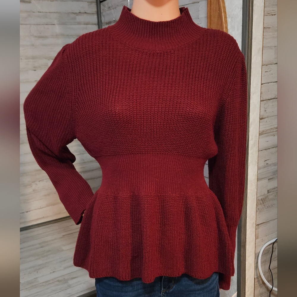 FAVLUX Ribbed Sweater – Waist-Defined – Burgundy L